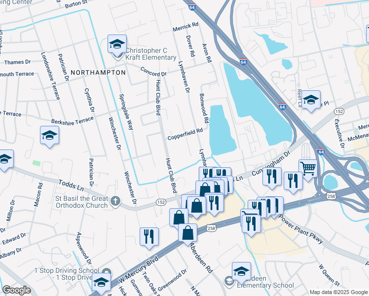 map of restaurants, bars, coffee shops, grocery stores, and more near 20 Hunt Club Boulevard in Hampton
