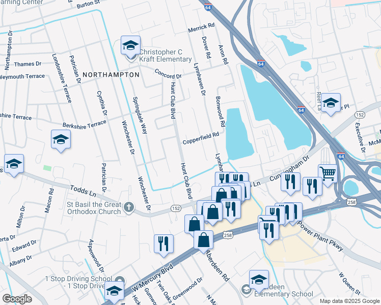 map of restaurants, bars, coffee shops, grocery stores, and more near 20 Hunt Club Boulevard in Hampton