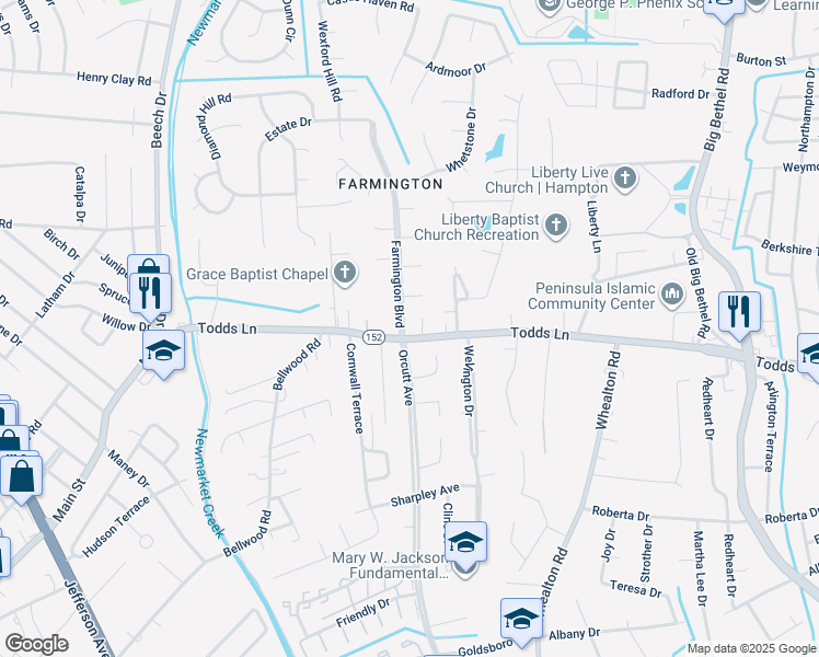 map of restaurants, bars, coffee shops, grocery stores, and more near 907 Todds Lane in Hampton