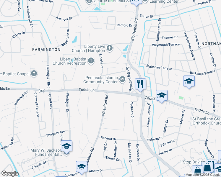 map of restaurants, bars, coffee shops, grocery stores, and more near 1203 Todds Ln in Hampton