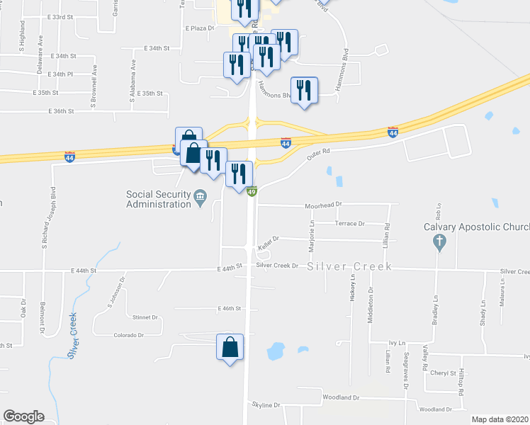 map of restaurants, bars, coffee shops, grocery stores, and more near 4000 South Rangeline Road in Joplin