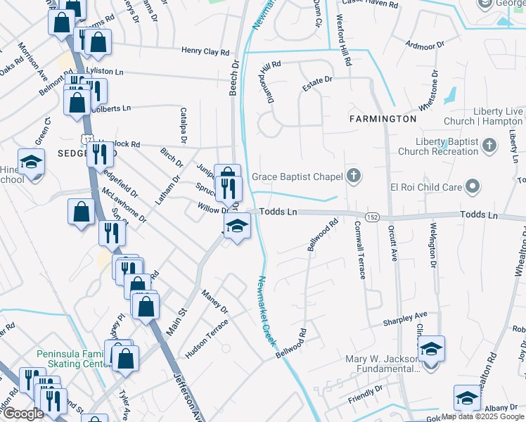 map of restaurants, bars, coffee shops, grocery stores, and more near 702 Todds Lane in Hampton