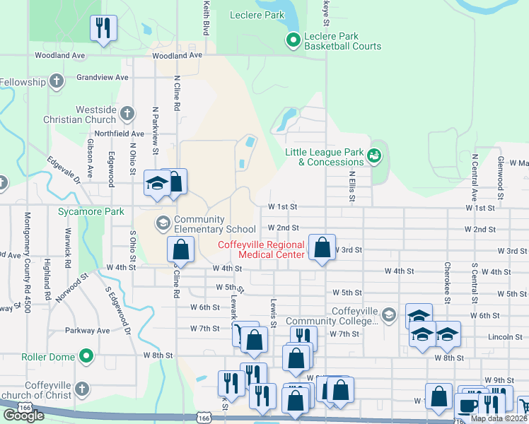 map of restaurants, bars, coffee shops, grocery stores, and more near 1506 West 1st Street in Coffeyville