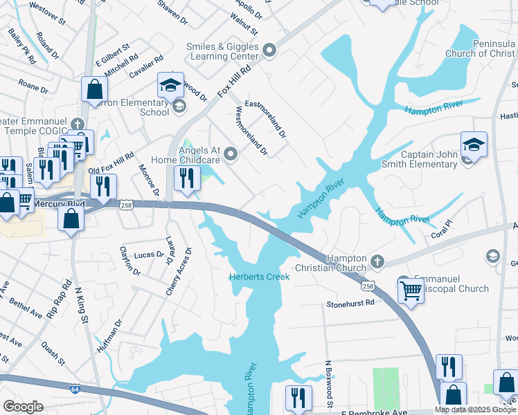 map of restaurants, bars, coffee shops, grocery stores, and more near 20 Curle Road in Hampton
