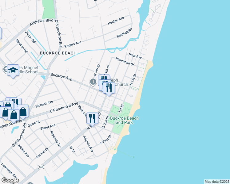 map of restaurants, bars, coffee shops, grocery stores, and more near 117 North 2nd Street in Hampton