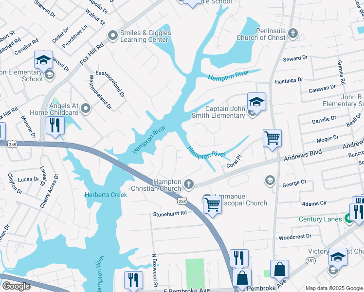 map of restaurants, bars, coffee shops, grocery stores, and more near 29 Kings Point Drive in Hampton