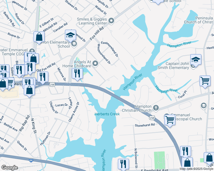 map of restaurants, bars, coffee shops, grocery stores, and more near 20 Curle Road in Hampton