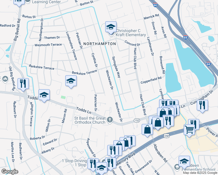 map of restaurants, bars, coffee shops, grocery stores, and more near 151 Winchester Drive in Hampton