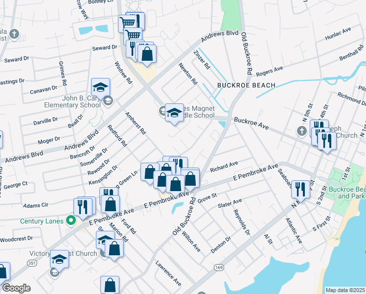 map of restaurants, bars, coffee shops, grocery stores, and more near 1805 Mehrens Court in Hampton