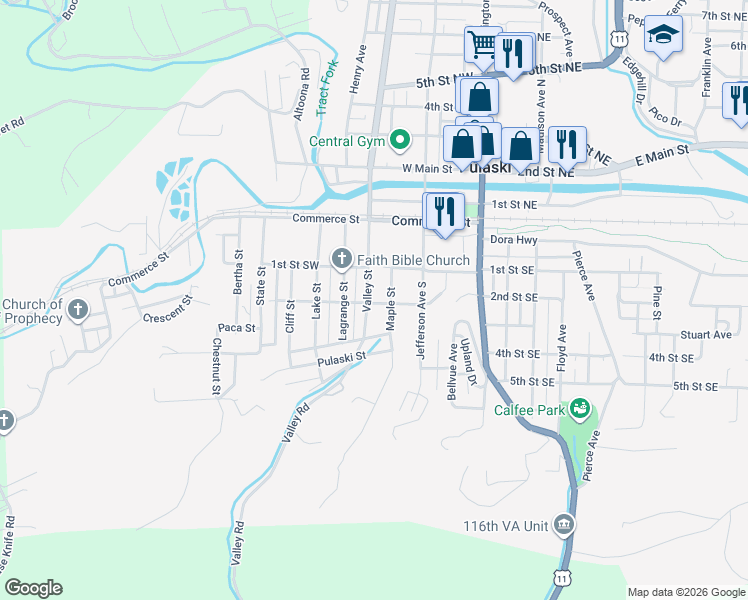 map of restaurants, bars, coffee shops, grocery stores, and more near 30 Maple Street in Pulaski