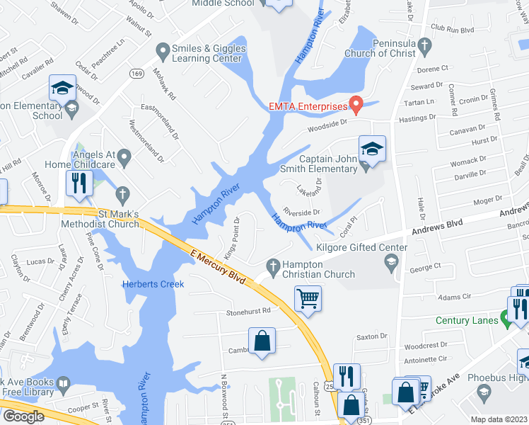 map of restaurants, bars, coffee shops, grocery stores, and more near 29 Kings Point Drive in Hampton