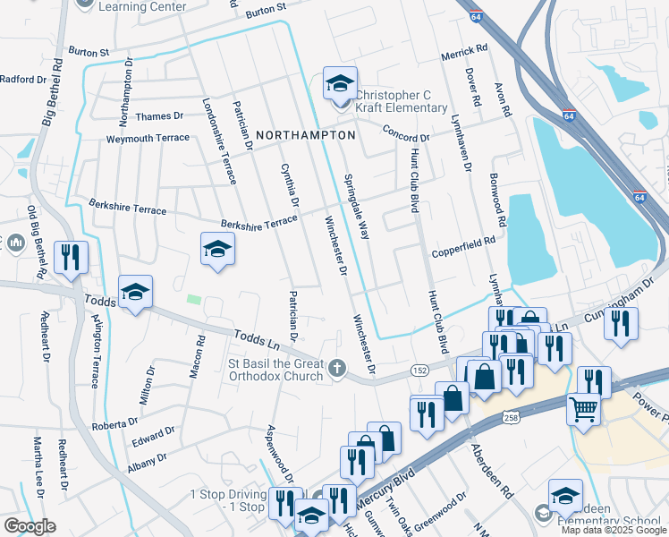 map of restaurants, bars, coffee shops, grocery stores, and more near 151 Winchester Drive in Hampton
