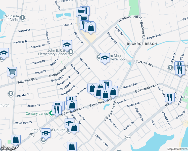 map of restaurants, bars, coffee shops, grocery stores, and more near 2015 Lansing Drive in Hampton