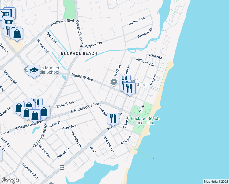 map of restaurants, bars, coffee shops, grocery stores, and more near 407 Buckroe Avenue in Hampton