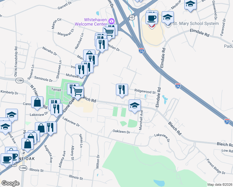 map of restaurants, bars, coffee shops, grocery stores, and more near 2238-2244 Olympia Avenue in Paducah