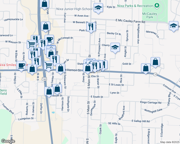 map of restaurants, bars, coffee shops, grocery stores, and more near in Nixa