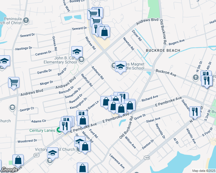 map of restaurants, bars, coffee shops, grocery stores, and more near 2015 Lansing Drive in Hampton