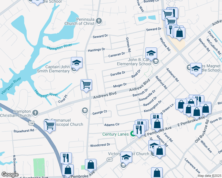 map of restaurants, bars, coffee shops, grocery stores, and more near 1808 Beall Drive in Hampton