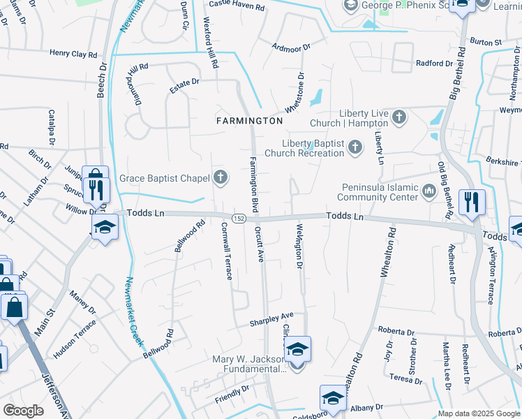map of restaurants, bars, coffee shops, grocery stores, and more near 907 Todds Lane in Hampton