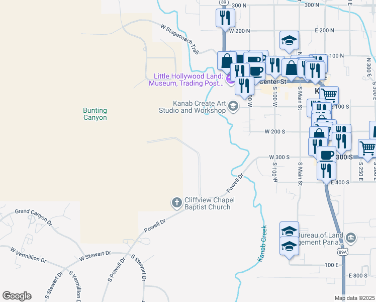 map of restaurants, bars, coffee shops, grocery stores, and more near in Kanab