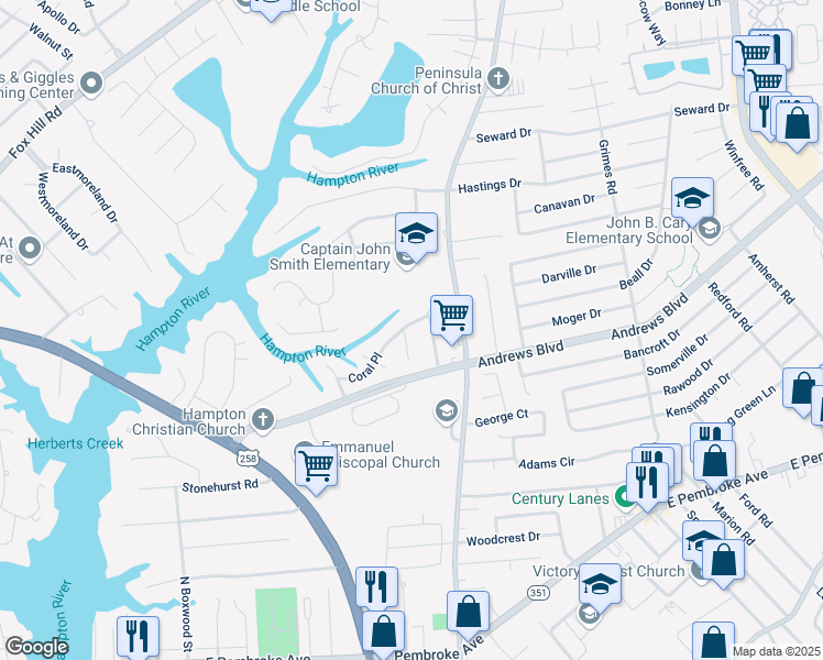 map of restaurants, bars, coffee shops, grocery stores, and more near 1351 Coral Place in Hampton