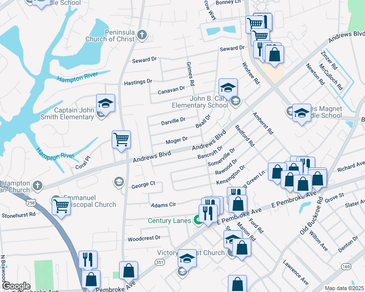 map of restaurants, bars, coffee shops, grocery stores, and more near 1827 Andrews Boulevard in Hampton