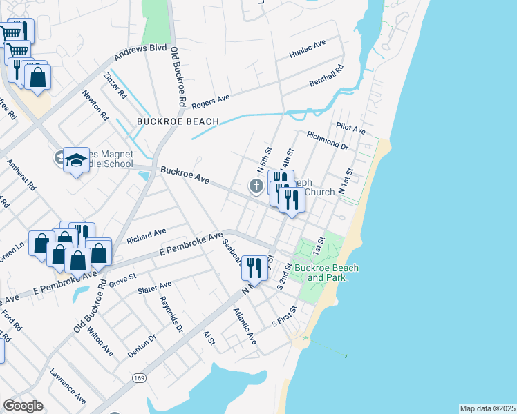 map of restaurants, bars, coffee shops, grocery stores, and more near 407 Buckroe Avenue in Hampton