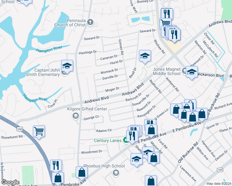 map of restaurants, bars, coffee shops, grocery stores, and more near 1827 Andrews Boulevard in Hampton