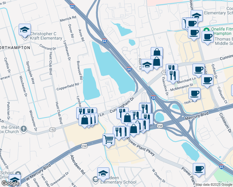 map of restaurants, bars, coffee shops, grocery stores, and more near 411 Reflection Lane in Hampton