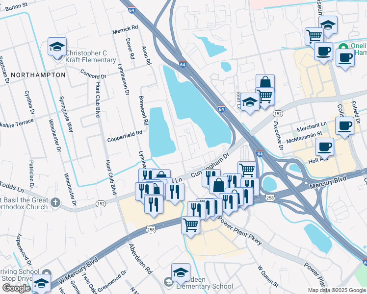 map of restaurants, bars, coffee shops, grocery stores, and more near 61 Twin Lakes Circle in Hampton
