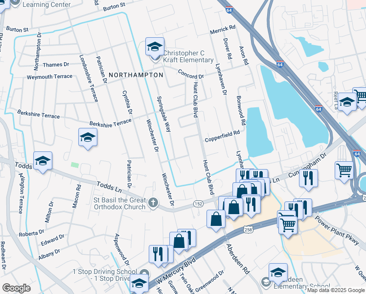 map of restaurants, bars, coffee shops, grocery stores, and more near 117 Horsley Drive in Hampton