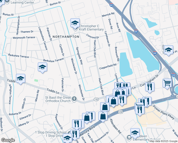 map of restaurants, bars, coffee shops, grocery stores, and more near 117 Horsley Drive in Hampton