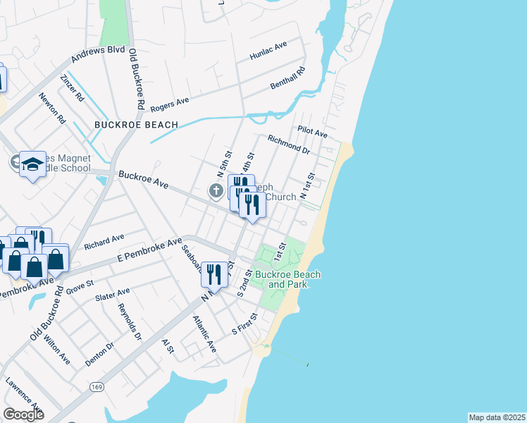 map of restaurants, bars, coffee shops, grocery stores, and more near 117 North 2nd Street in Hampton