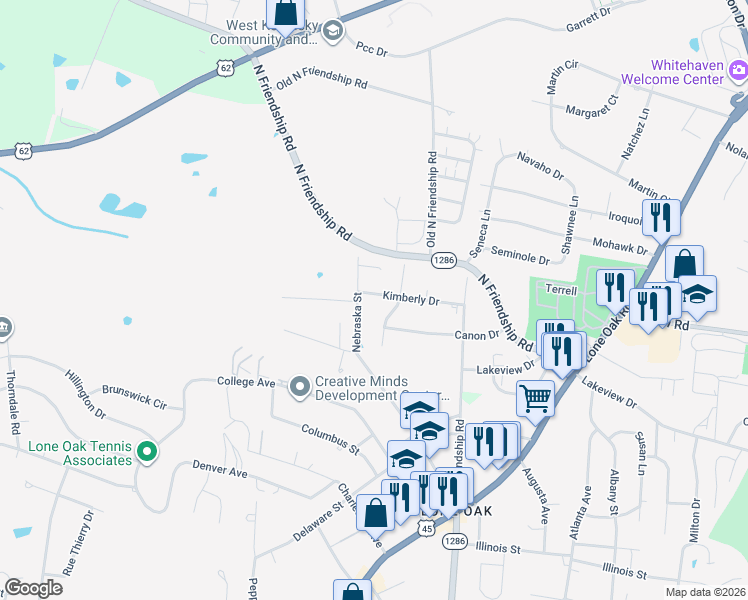 map of restaurants, bars, coffee shops, grocery stores, and more near 201-299 Kimberly Drive in Paducah