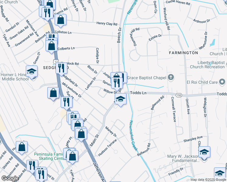 map of restaurants, bars, coffee shops, grocery stores, and more near 727 Willow Drive in Newport News