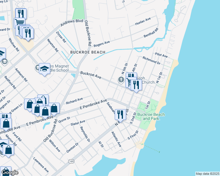 map of restaurants, bars, coffee shops, grocery stores, and more near 14 South 6th Street in Hampton