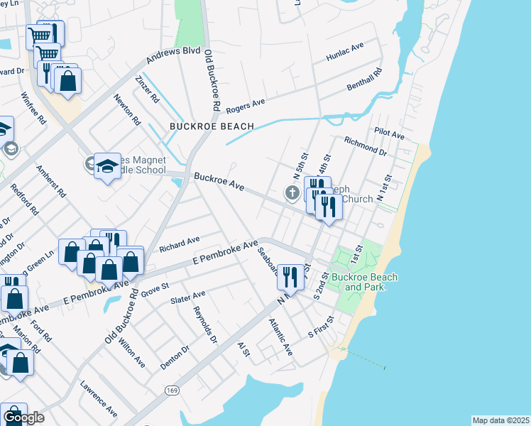 map of restaurants, bars, coffee shops, grocery stores, and more near 14 South 6th Street in Hampton
