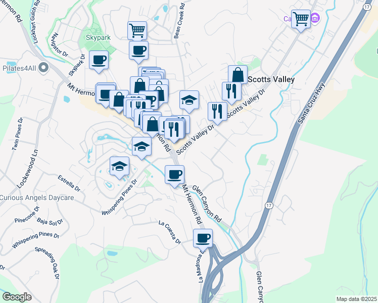 map of restaurants, bars, coffee shops, grocery stores, and more near 304 Thomas Terrace in Scotts Valley