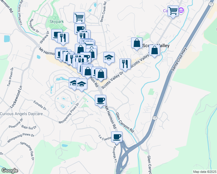 map of restaurants, bars, coffee shops, grocery stores, and more near 304 Thomas Terrace in Scotts Valley