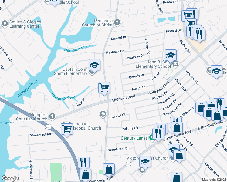 map of restaurants, bars, coffee shops, grocery stores, and more near 1209 Hale Drive in Hampton