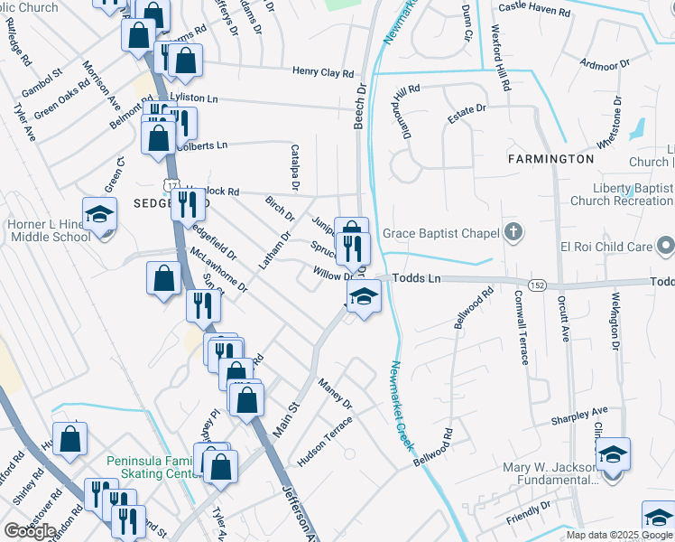 map of restaurants, bars, coffee shops, grocery stores, and more near 727 Willow Drive in Newport News