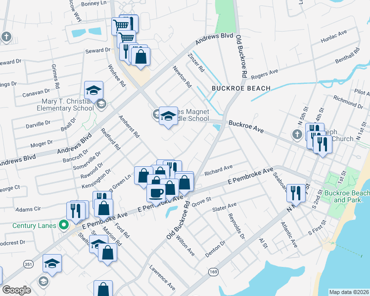 map of restaurants, bars, coffee shops, grocery stores, and more near 1805 Mehrens Court in Hampton
