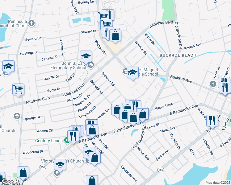 map of restaurants, bars, coffee shops, grocery stores, and more near 2014 Kensington Drive in Hampton