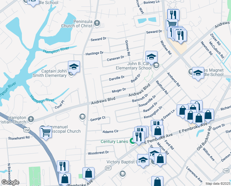 map of restaurants, bars, coffee shops, grocery stores, and more near 1808 Beall Drive in Hampton