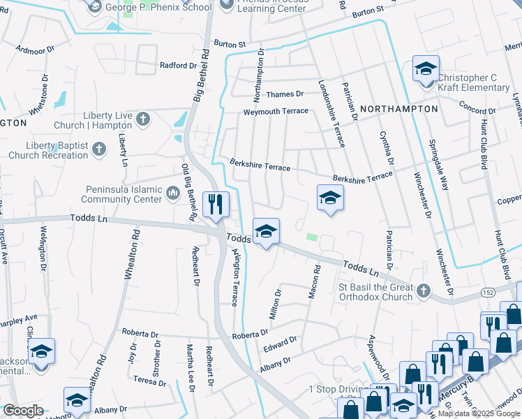 map of restaurants, bars, coffee shops, grocery stores, and more near 22 Lancaster Terrace in Hampton