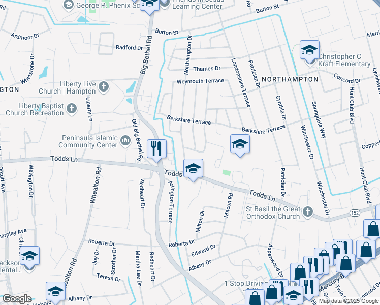 map of restaurants, bars, coffee shops, grocery stores, and more near 22 Lancaster Terrace in Hampton