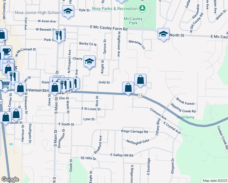 map of restaurants, bars, coffee shops, grocery stores, and more near 513 East Mount Vernon Street in Nixa