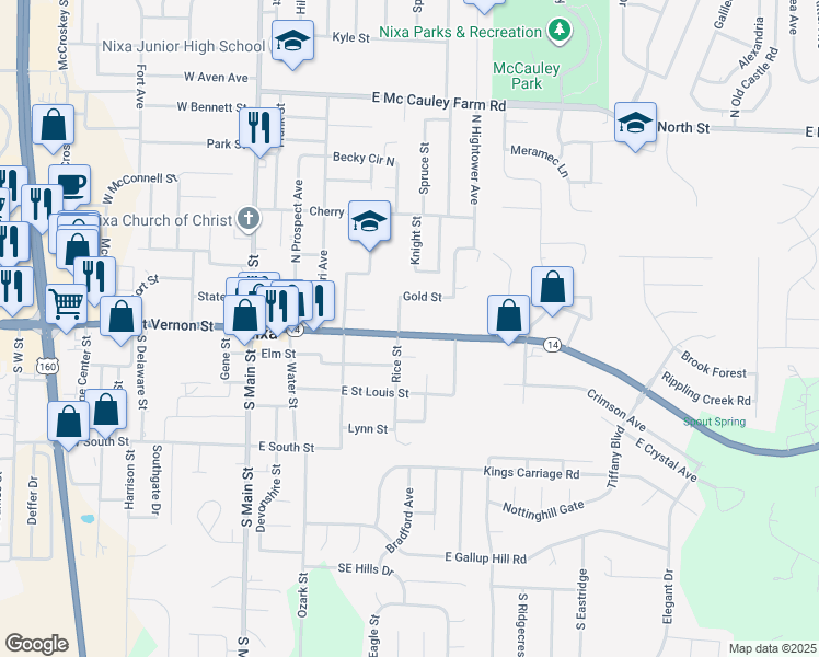map of restaurants, bars, coffee shops, grocery stores, and more near 501 East Mount Vernon Street in Nixa
