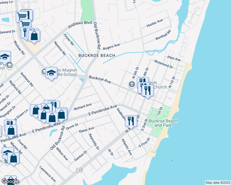 map of restaurants, bars, coffee shops, grocery stores, and more near 11 6th Street in Hampton