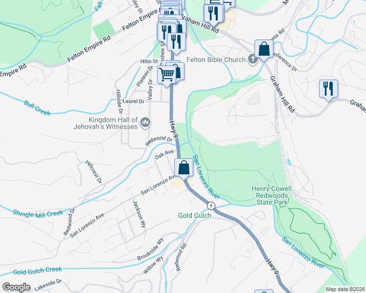 map of restaurants, bars, coffee shops, grocery stores, and more near in Felton